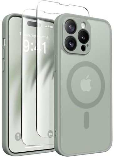 CAPRARO Magnetische für iPhone 14 Pro Hülle,[Kompatibel mit MagSafe] [Vollständiger Schutz der Kamera] Stoßfester Schutz Schlank Durchscheinende Matte iPhone 14 Pro Hülle,Grau Grün