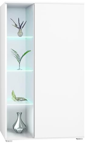 Vladon Vitrine Davos, Made in Germany, Standvitrine mit 3 Glasböden und 8 Fächer inkl. LED, Weiß matt/Weiß matt (71,5 x 134 x 35 cm)
