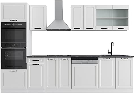 Vicco Küchenzeile R-Line, Weiß Landhaus/Weiß, 300 cm mit Hochschrank, AP Anthrazit