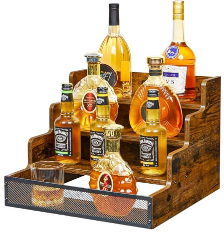 Yuzehuaza Étagère de comptoir à 4 niveaux pour bouteilles d'alcool, étagères de bar en bois pour 16 bouteilles avec clôtures, étagères de rangement autonomes pour liqueur, whisky, vin, café, sirop,