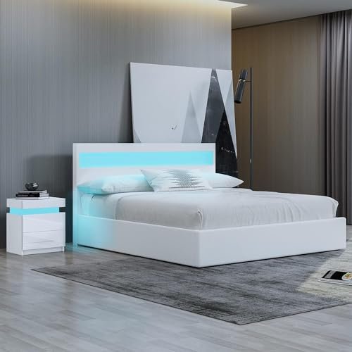 Ottoman Storage 4ft Bed Frame with LED Lights,Storage Gas Lift Up Bed Frame for Home, Faux Leather (White, Small Double)
