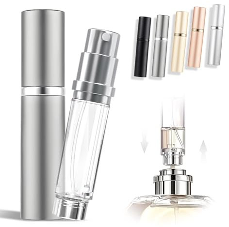 ASADAYS Portable Perfume Atomiser Refillable - 5ml Empty Travel Spray Bottle, Nano Mist, Bottom Filling Mini Atomizer, Pocket Size Cologne Dispenser for Women and Men (Gray, CA)