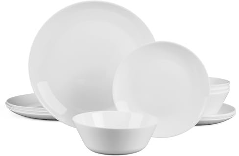 LaGlint Juego de Vajilla 12 Piezas Blanco, Vidrio Opalino Vajilla para 4 Personas con 4 Platos Llanos, 4 Platos de Postre y 4 Cuencos de Cereales, Aptos para Lavavajillas y Microondas