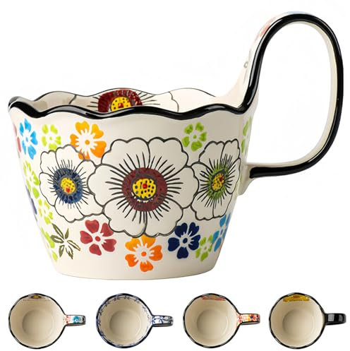 Dowbom Ciotola da zuppa in ceramica, ciotola per microonde, piccola tazza da 400 ml (Flower-D, 400 ml)