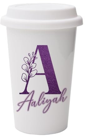 Getagift Personalised Initial with Name, Glitter Marble Alphabet, Gift for Girls, Wall Eco Insulated White Ceramic Travel Mug, with White Lid.