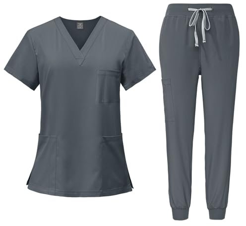Scrubs Uniforms Women Set, Female Medical Uniforms & Scrubs Durable Short Sleeve V Neck Tunic Top and Pants with Pockets, Nursing Workwear Suits for Beauty Center(A03 Gray,S)