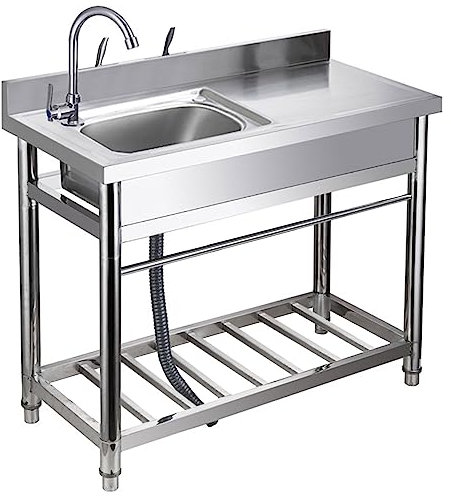 Fregadero de cocina comercial de pie para restaurante, de acero inoxidable, de un solo cuenco, juego de fregadero de lavandería al aire libre con banco de trabajo y estante de almacenamiento