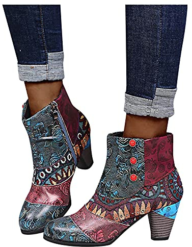Stiefeletten für Damen mit Absatz Winter Elegant Westernstiefel Klassisch Western Ankle Boots Winterstiefel Kurzstiefel Leder Halbhohe Cowboystiefel Halbstiefel