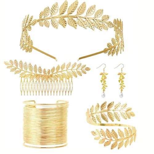 5 Stück Griechische Göttin Kostüm Schmuck Set, Griechische Göttin Accessoires, Blatt Ohrringe Haarkamm, Boho Blatt Haar Krone Accessories, Griechische Göttin Goldener Haarschmuck Arm Spule Armband