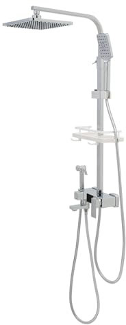Duschsystem Regendusche mit Thermostat, Vielseitig Duschset mit LED-Display, 30X19 CM Kopfbrause, 86-120 CM Verstellbare Duschstange, Duschgarnitur mit Seifenablage und Duscharmatur (Silber)