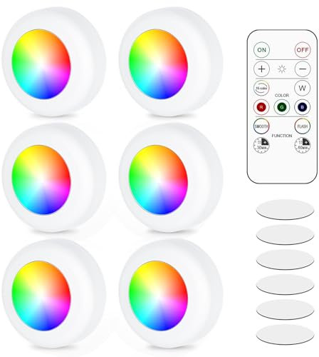 GBKDQQ Lot de 6 spots LED RVB fonctionnant sur piles avec télécommande, 16 changements de couleur, éclairage d'armoire, éclairage d'armoire, éclairage de vitrine à intensité variable, lampe tactile,