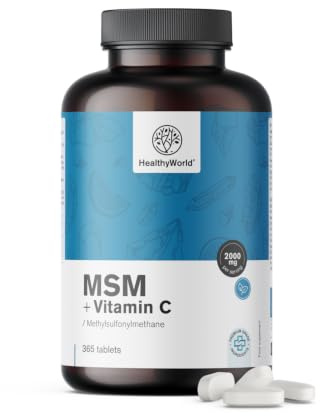 HealthyWorld MSM 2000 mg - Mit Vitamin C - 365 Tabletten - 6 Monate Vorrat | Hohe Konzentration, 2000 mg pro Tagesdosis, Vegetarisch, Ohne Zusätze