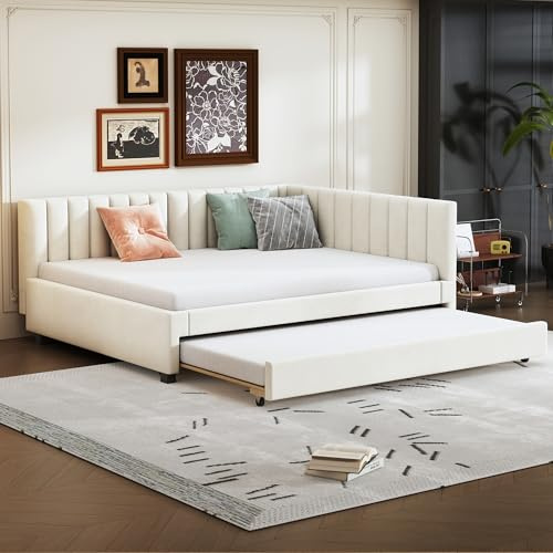 Soweiz Polsterbett, Ausziehbares Schlafsofa, Multifunktionsbett mit Lattenrost, Jugendbetten Kinderbetten Gästebetten, Komfortabel und Langlebig, Samtstoff 140x200 cm (Beige)