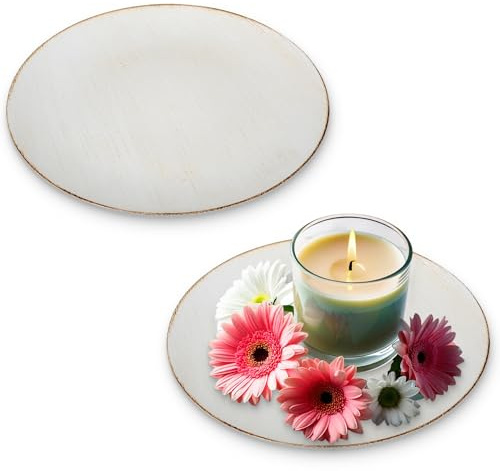Deko-Teller 2er Set 33 cm in Creme-braun Vintagelook - Flache Teller als Tischdeko Kerzenteller