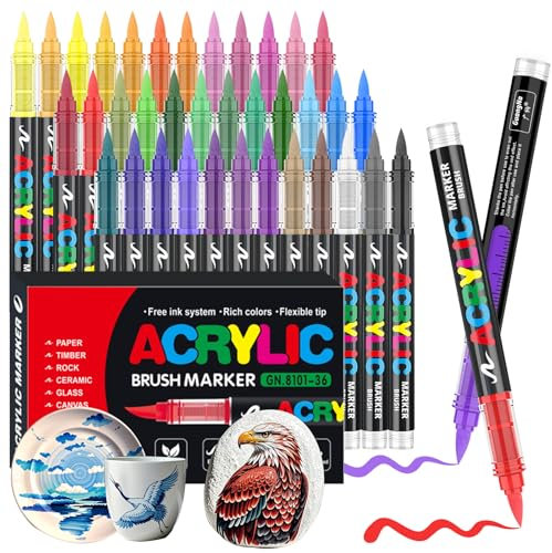 Gelanty rotuladores acrilicos, 36 colores marcadores acrílicos con Punta de Pincel Flexible, Líquido Directo acrylic brush markers para Pintura sobre Roca, Cerámica, Madera, Vidrio