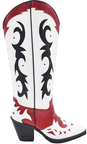 Stivali Donna Western Vero camperos Corina Tre Colori Bianco Rosso Nero con Stelle Altezza Ginocchio Tacco texano 10 (39 EU)