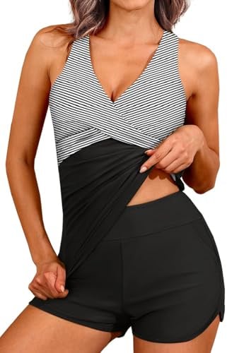 Joligiao Maillot de Bain Femme 2 Pieces Tankini Vintage Imprimé Floral Sexy Col V Tankinis Push Up Rembourré Swimwear Taille Haute Ventre Plat Beachwear Haut de Tankini Jupette avec Shorts Swimsuit
