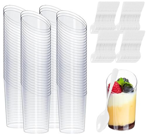 DYUEE 80Pcs Mini Angled Dessert Cups with 80 Spoons, 75ml Reusable Serving Dessert Bowls, Clear Parfait Appetizer Cups for Pudding Mousse Party (8.4 x 4cm)