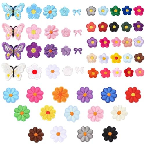 Rnigra 57PCS Iron on Patches for Clothing, Iron on Patch, Butterfly, Flower, Mini Bow, Embroidery Patches, Patches for Clothes Applique for Backpacks, Clothes, Dress, Hat, Jeans, Shoe