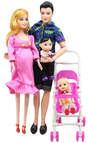 Csafyrt Ensemble de Famille de Maisons poupée poupée Enceinte avec 2 Enfants et bébé dans maman's Ventre et père Caoutchouc Enceinte mère Jouet créativité