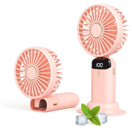 Générique Ventilateur USB Rose Rechargeable Portable, LUMEYA Mini Ventilateur de Bureau à Main, 5 Vitesses avec Base, Affichage LED, Silencieux, Pliable, (Rose)
