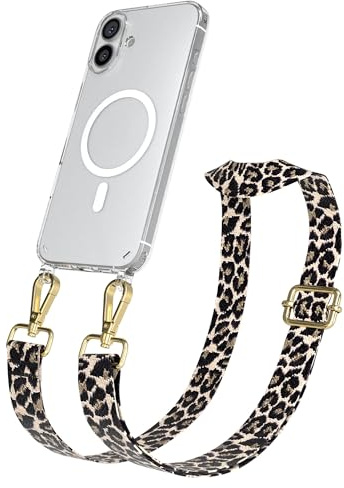 EAZY CASE Handykette - Verstellbares Taschenband kompatibel mit iPhone 16 Plus, Schulterriemen, Handykordel mit Silikon Hülle, Qi Charging kompatibel, Umhängetasche, Leo - Schwarz Beige Gold