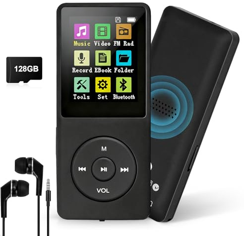 128GB MP3 Player with Bluetooth 5.0, COVVY Portable Digital Music Player with Built-in HD Speaker, FM Radio, E-Book Function, Earphones Included (Black)