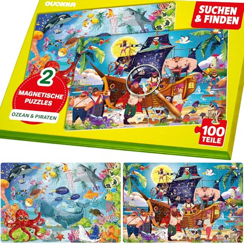 Magnetic Puzzle for 6 7 Year Olds - 2x100 Piece Jigsaw Puzzles for Children | Magnetic Toys Book with Spot the Differences - Ocean and Pirates - Search and Find Home and Travel Puzzles for Kids Age 5-8