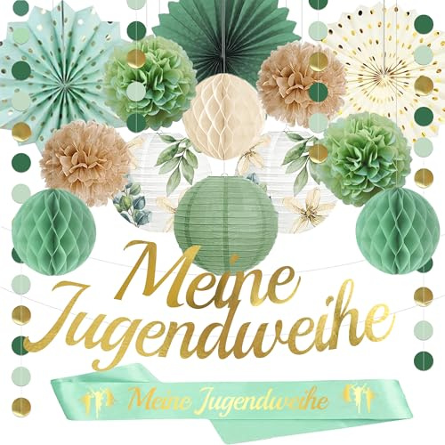 Jugendweihe Deko Junge & Mädchen Gastgeschenke Jugendweihe,Grünes Gold Thema Banner,Schultergurt,pompons, Papierlaternen,Papierwabenball,Jugendliche Schenken Personalisierte Geschenkideen-Syoulin