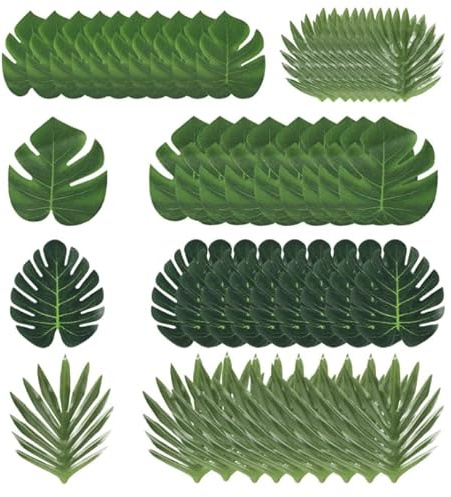 JYYWTSI 50 pezzi giungla decorazione di compleanno, foglie di palma artificiali, foglie di Monstera artificiali, 5 tipi di piante tropicali, per compleanni, decorazioni da spiaggia, matrimoni, feste