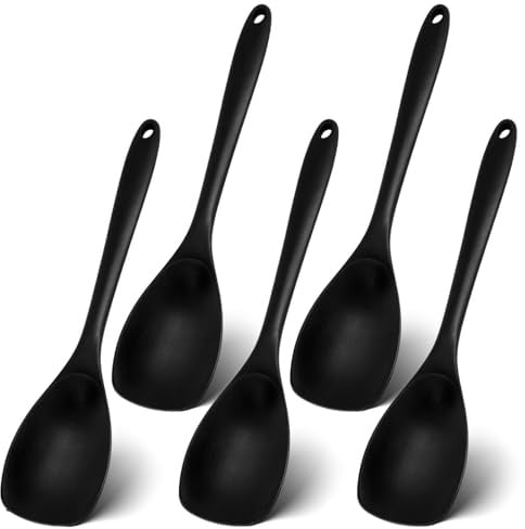 Lot de 5 Cuillères de Cuisine en Silicone Antiadhésive Noires, 27,5 cm | Spatule à Cuillère en Silicone, Résistante à la Chaleur jusqu'à 210 °C, Longue Poignée, pour Mélanger Remuer, Lave-Vaisselle