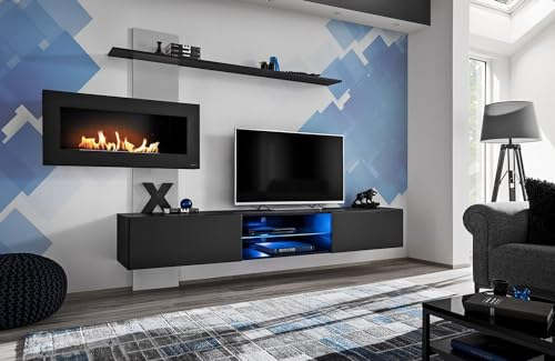 All4All Wohnwand Franco - Wohnzimmermöbel - Schrankwand für Wohnzimmer - Wohnzimmerschrank Hängend - Anbauwand Klein - Schwarz - Perla Grau - Modern 21