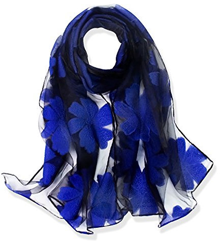 YFZYT Organza-Schal für Damen mit Feder Stickerei Muster/Elegantes Accessoire für Frauen/Organza-Schal/Halstuch/Schulter-Tuch/Schal Chiffon Stola Scarves - Königsblaue Blume