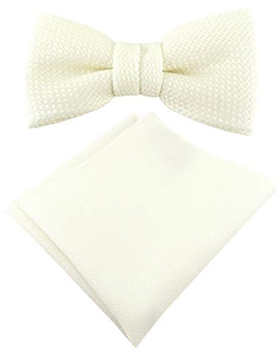 TigerTie Set Kleinkinder Baby Fliege Pique + Einstecktuch in creme uni gemustert 100% Baumwolle, vorgebundene Schleife mit Sichtband - 20 bis 32 cm Halsumfang verstellbar + Aufbewahrungsbox