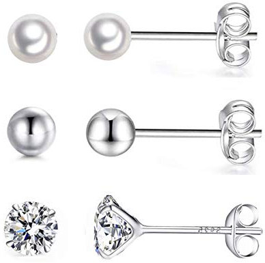 Dicheng Damen Ohrstecker Silber, 3 Paare 925 Sterling Silber Ball & Zirkonia & Perle Ohrstecker Ohrringe Set, Hypoallergen Unisex Klein Schlafen Knorpel Ohrstecker mit Zirkonia, Ohrringe Größe in 4mm