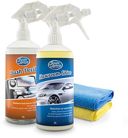 Greased Lightning Bodywork & Interior Twin Pack - Showroom Shine 1 Litre Waterless Wash and Wax and Dash Devil 1 Litre Interior Cleaner Plus 2 Microfibre Cloths Pack