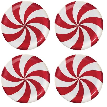 UPware Peppermint Melamine Round Dessert Plates, Small Serving Plates, Christmas Decorations, for Appetizer, Snacks, and Side Dishes, Red, 6.75 Inch, Set of 4