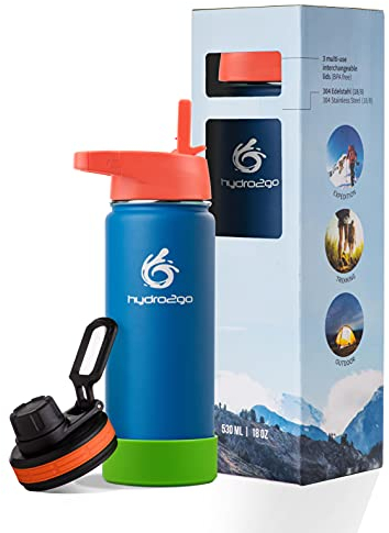 hydro2go Kinder Edelstahl Trinkflasche - 100% Auslaufsicher, BPA-frei mit 2 Deckeln (Strohhalm und Sportverschluss) - Thermo Flasche für Kinder (Sky Blue) - 500ml