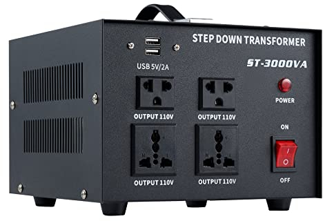 CREWORKS Step Up Down Spannungswandler Convert 110V⇋220V 3000W mit automatischer Unterbrechung Transformator mit 110V/220V-Steckdosen 5-V-USB-Anschlüssen Automatischer Transformator