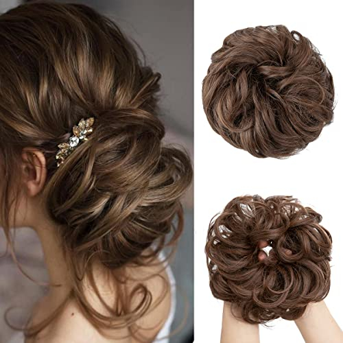 JJstar Haarteil Mit Gummiband, Groß Dutt Haarteil Gelockt Haargummi Mit Haaren Hochsteckfrisuren Haarverlängerung Messy Bun Haarteile für Damen Mädchen Pferdeschwanz (Hellbraun)