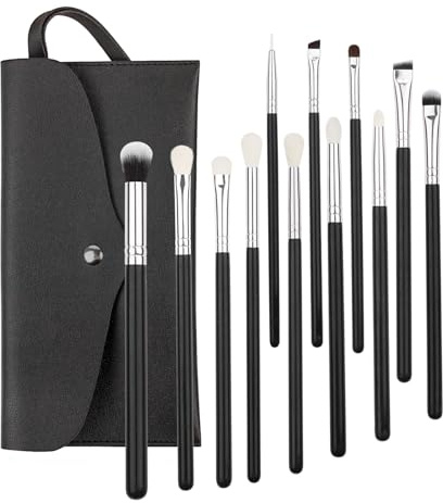 12 pinceaux de maquillage en poils naturels avec manche en bois noir brillant et virole en aluminium argenté.
