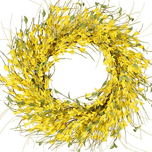 GTIDEA 61 cm Frühlingskränze für Haustür, künstlicher Forsythie-Blumenkranz auf Weinrebe, gelber Kranz mit grünen Blättern, Seide, Blumenkranz für Zuhause, Innenwand, Fenster, Bauernhof, Dekoration