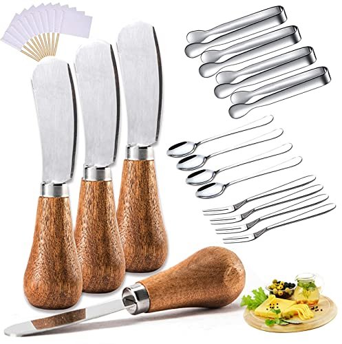 Lot de 4 épandeurs à fromage verticaux avec poignée en bois - Couteau à beurre debout en acier inoxydable - Mini pinces de service - Cuillères et fourchettes pour fruits, pique-nique, charcuterie