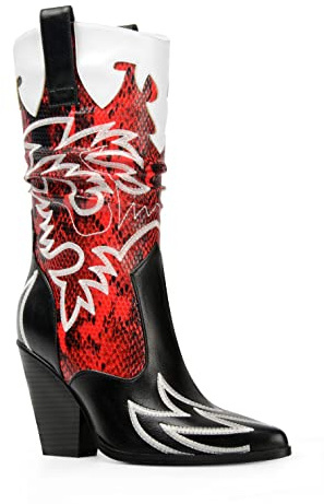 ANN CREEK Cowboystiefel für Damen, Cowgirl, mittelhoch, kniehohe Stiefel, Kontraststickerei, spitzer Zehenbereich, breiter Absatz, Westernstiefel, weite Wade