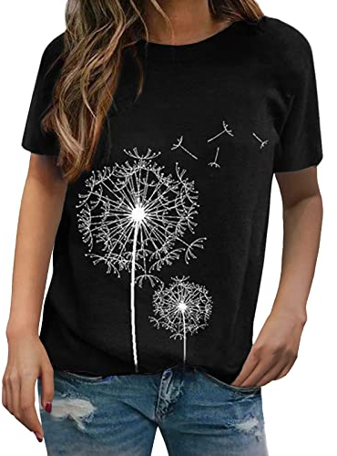 Womens Daily Spring Löwenzahn-Print O-Ausschnitt Tanktops Kurzarm-Trainingshemden Lässige lockere T-Shirts Latzhose Damen Sommer (M,Schwarz)