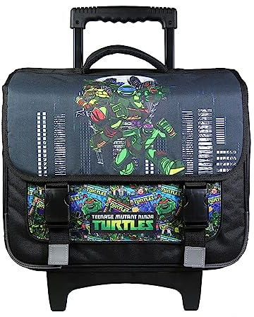 Bagtrotter - Cartable à roulettes 38 cm - Tortues Ninja - Noir - 2 Compartiments, Poche sous Rabat, Bretelles Matelassées Ajustables & Rétractables, Fond Renforcé - Licence Officielle Tortues Ninja