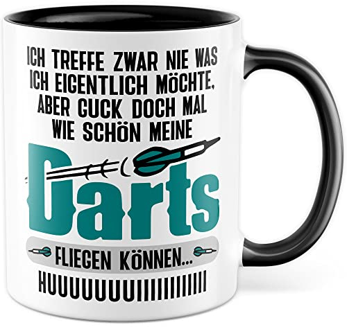 Dart Tasse mit lustigen Spruch Dartsport Geschenkidee Dartpfeil Kaffeetasse Geschenk für Dartspieler Kaffeebecher Dartscheibe Witz Humor Becher (Weiß & Schwarz)