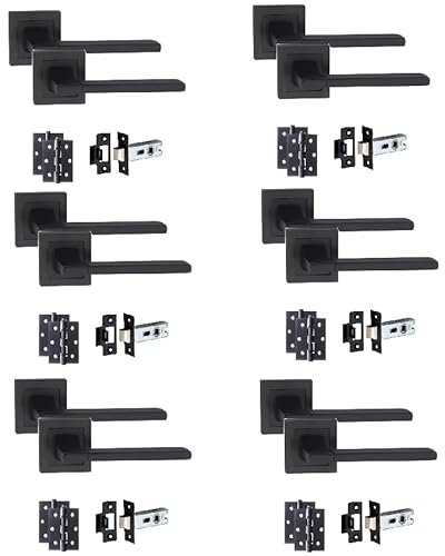 Golden Grace Aztec Design Straight Door Handles on Square Rose in Matt Black Finish with 1 Pair of 3 Ball Bearing Hinges & Tubular Latch - 6 Sets