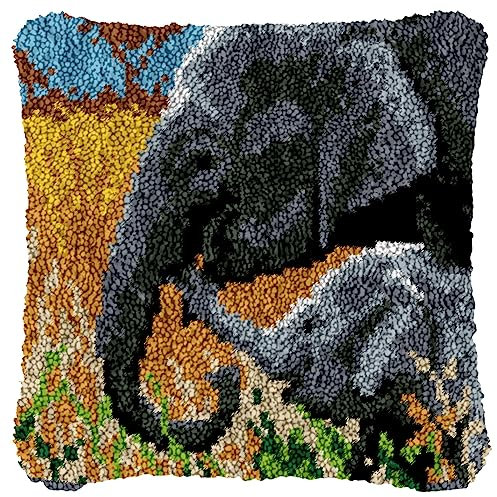 DIY Knüpfkissen Zum Selber Knüpfen Set, Knüpfhaken-Set Kissenbezug Knüpfteppiche Set Kissen Knüpfen Latch Hook Kit Handgemachte Geschenke Für Kinder Und Erwachsene Elefant,43x43cm