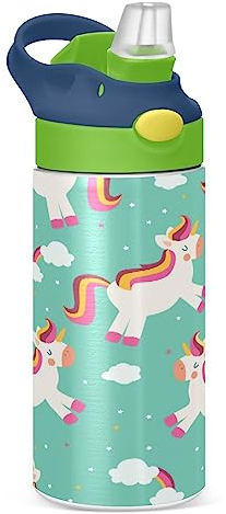 KAAVIYO Bailando Unicornio Arcoiris Botella de Agua Térmica de Acero Inoxidable Termo A Prueba de Fugas con Paja Cepilla La Taza 350ml para Niños Niñas